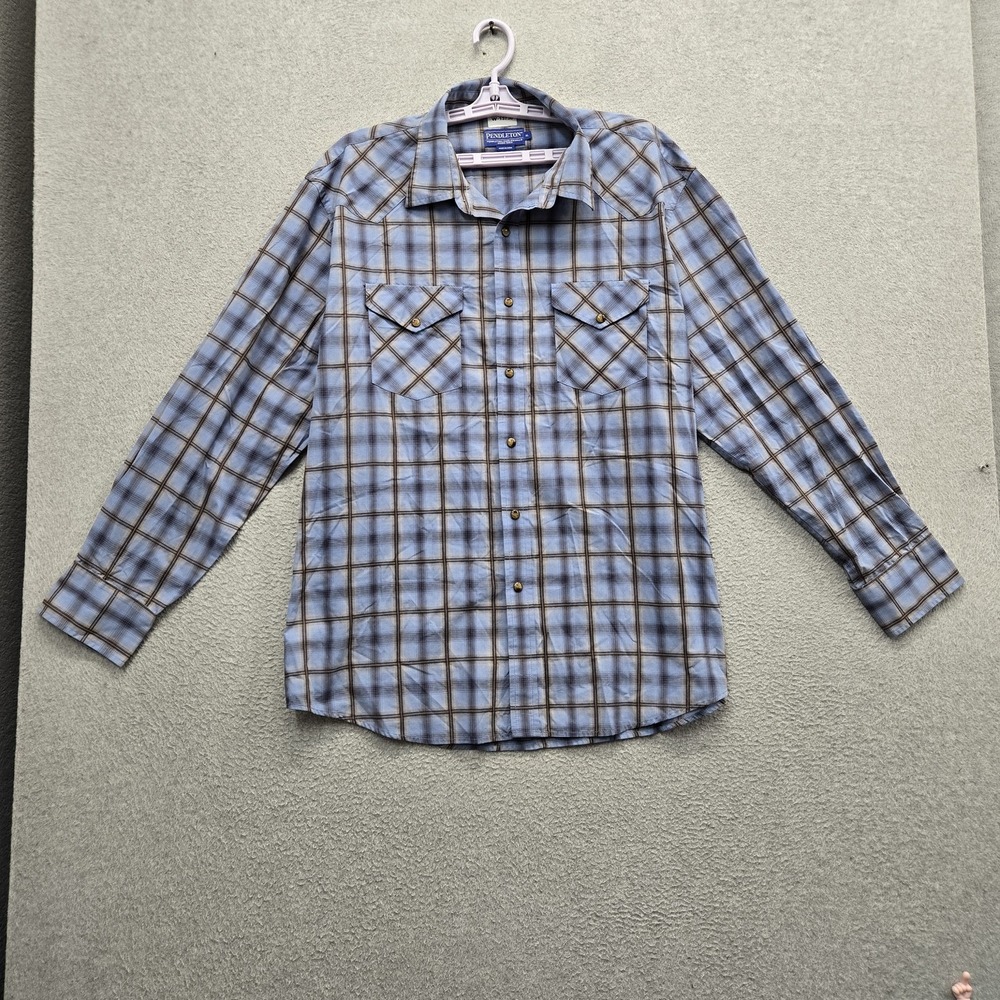Pendleton Men Button Up Shirt XL Blue Plaid Western Pearl Snap